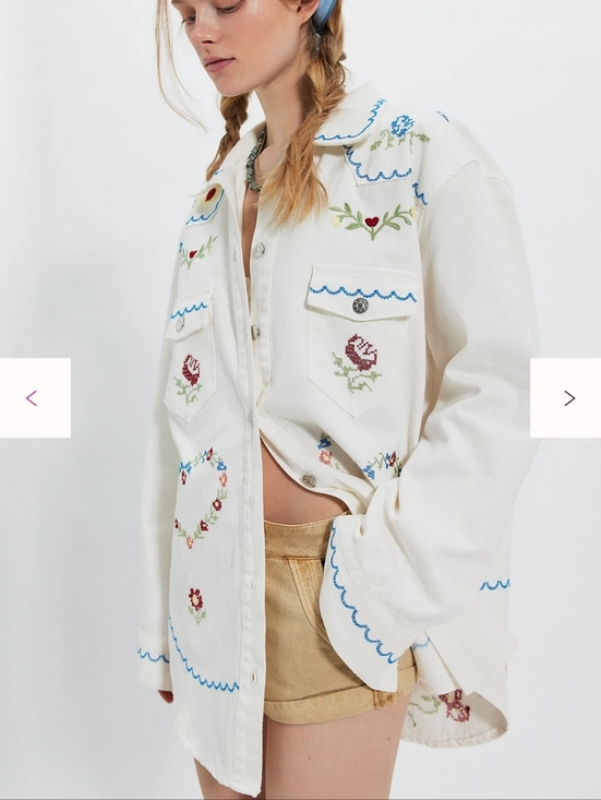 Free People Jackets & Blazers - Free People Cream Embroidered Jean Jacket with Blue Accents